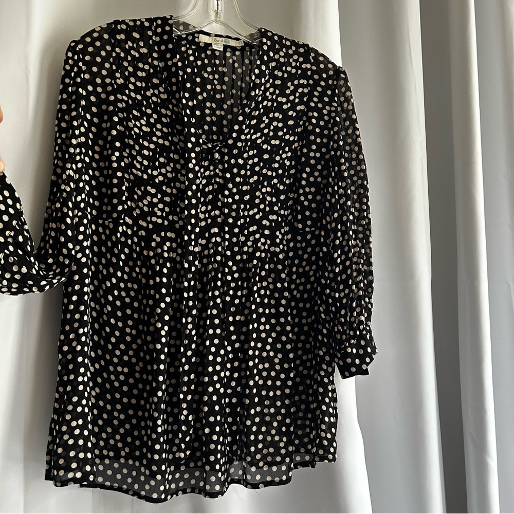 Boden Chiffon Black & White Polka Dot Blouse w Neckties US 12